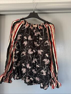 Gigio Plus Long Sleeve Peasant Top sz 1X Floral Striped Ruched Neck and Cuffs